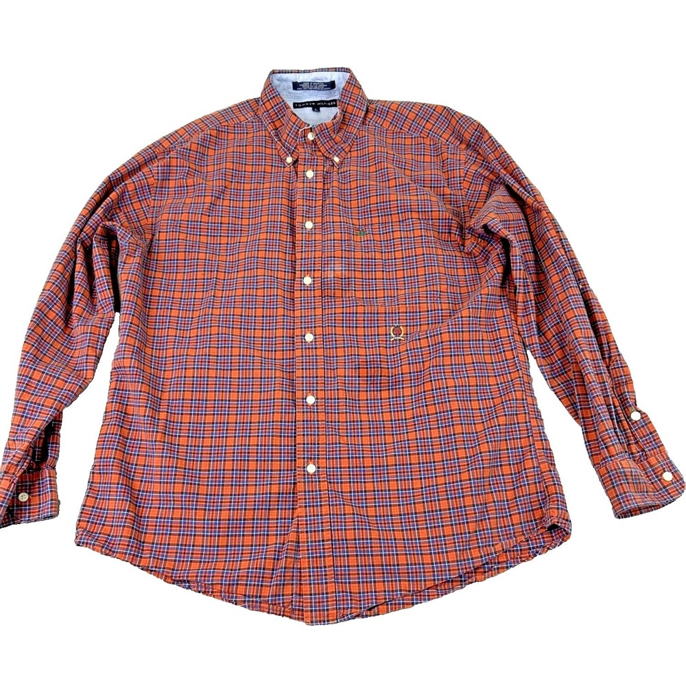 Tommy‎ Hilfiger Men's Large Orange Blue Plaid Button Up Crest Preppy Lumberjack